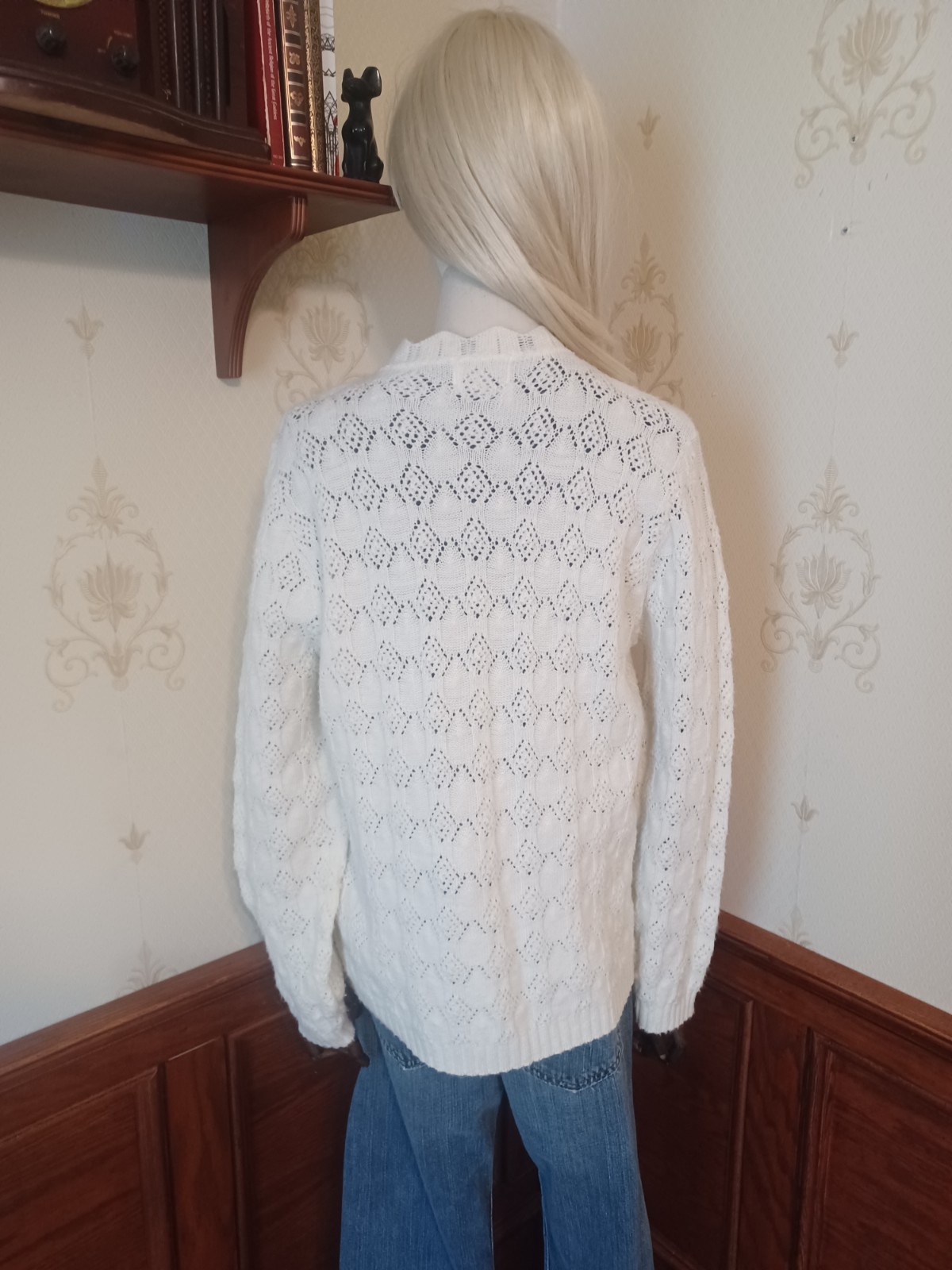 Vintage 1960s/1970s Kenneth Too Ivory-Colored Open Knit Sweater Girl Cardigan