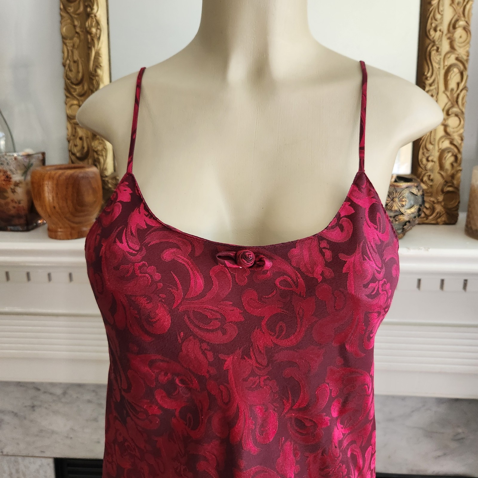 Vintage 80s Red Jacquard Ruffle Slip Dress Size Large Maxi Asymmetric Ruffle