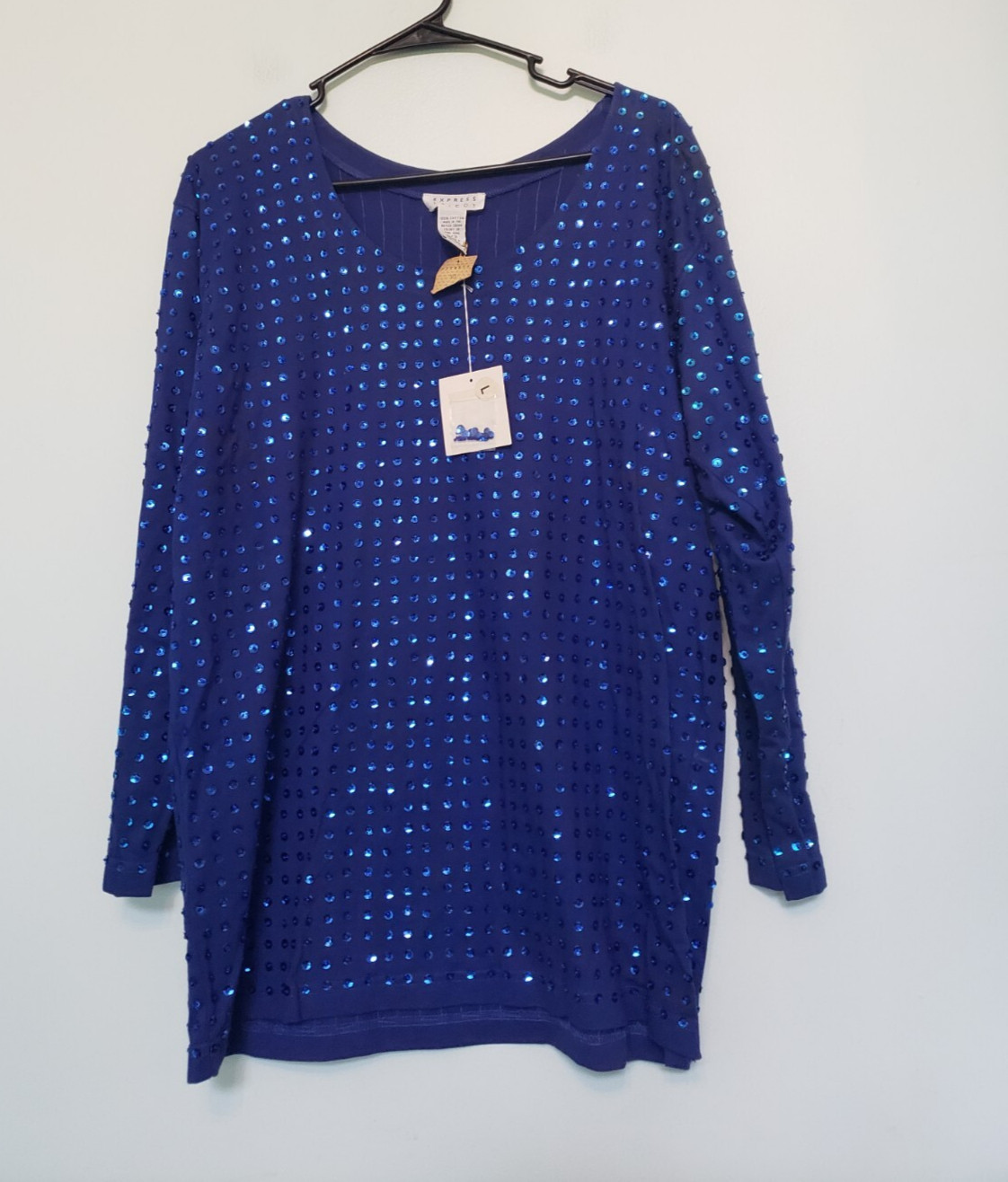 Vtg Express Tricot Womens L Blouse All Over Sequin Bead Blue 100% Cotton Sparkly