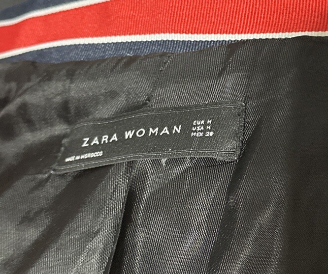 ZARA WOMAN TWEED JACKET BLAZER WITH STRIPED DETAIL Sz Medium M Red Blue White