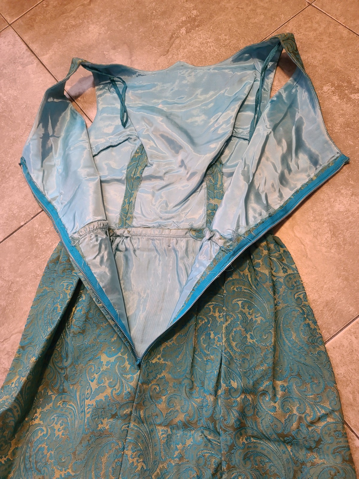 VTG 1960s Turquoise Blue & Gold Brocade Maxi Dress Women’s XS Bow Detail