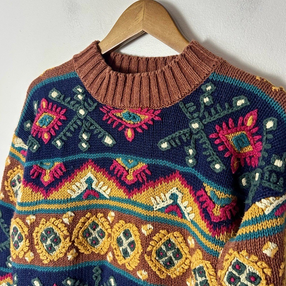 Vintage Paul Harris Brown Navy Boho Folk Tapestry Knit Sweater Small Indie 90s