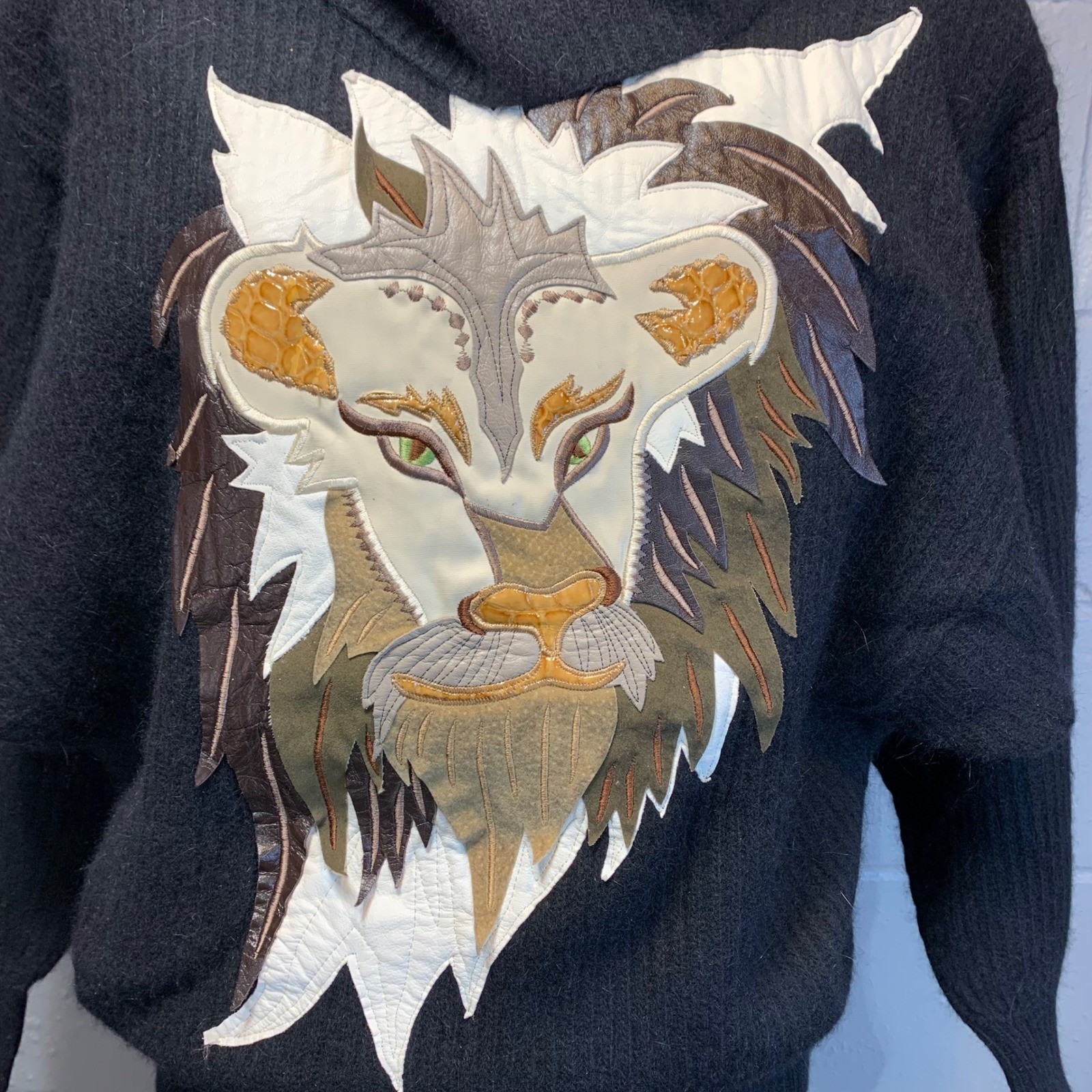 Vintage 80’s Lambswool Angora Batwing Black Sweater Leather Lion Appliqué Small