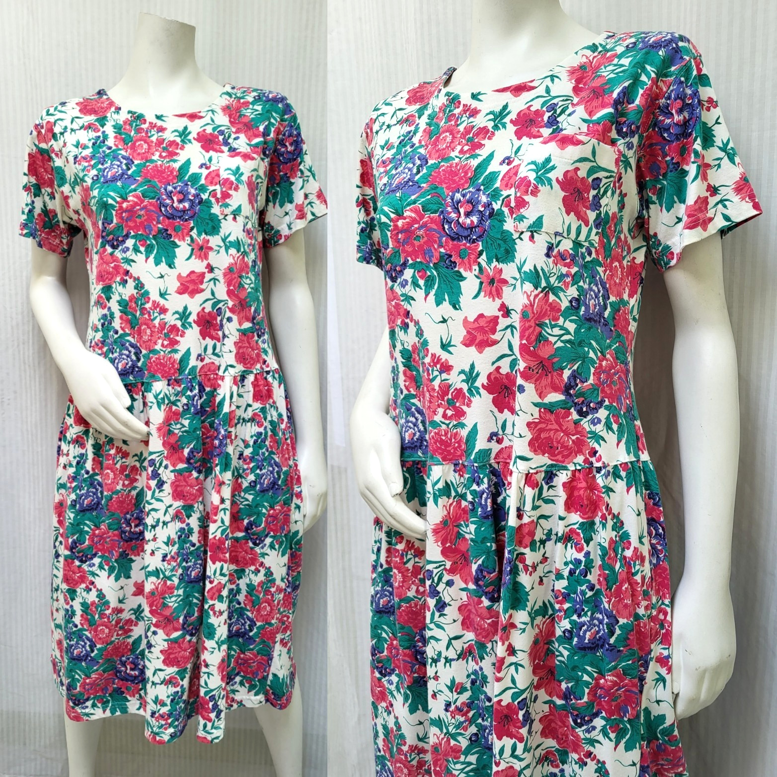 Vintage 1980/90’s FADS Knit Floral Drop Waist DRESS w/ Pockets – Size M