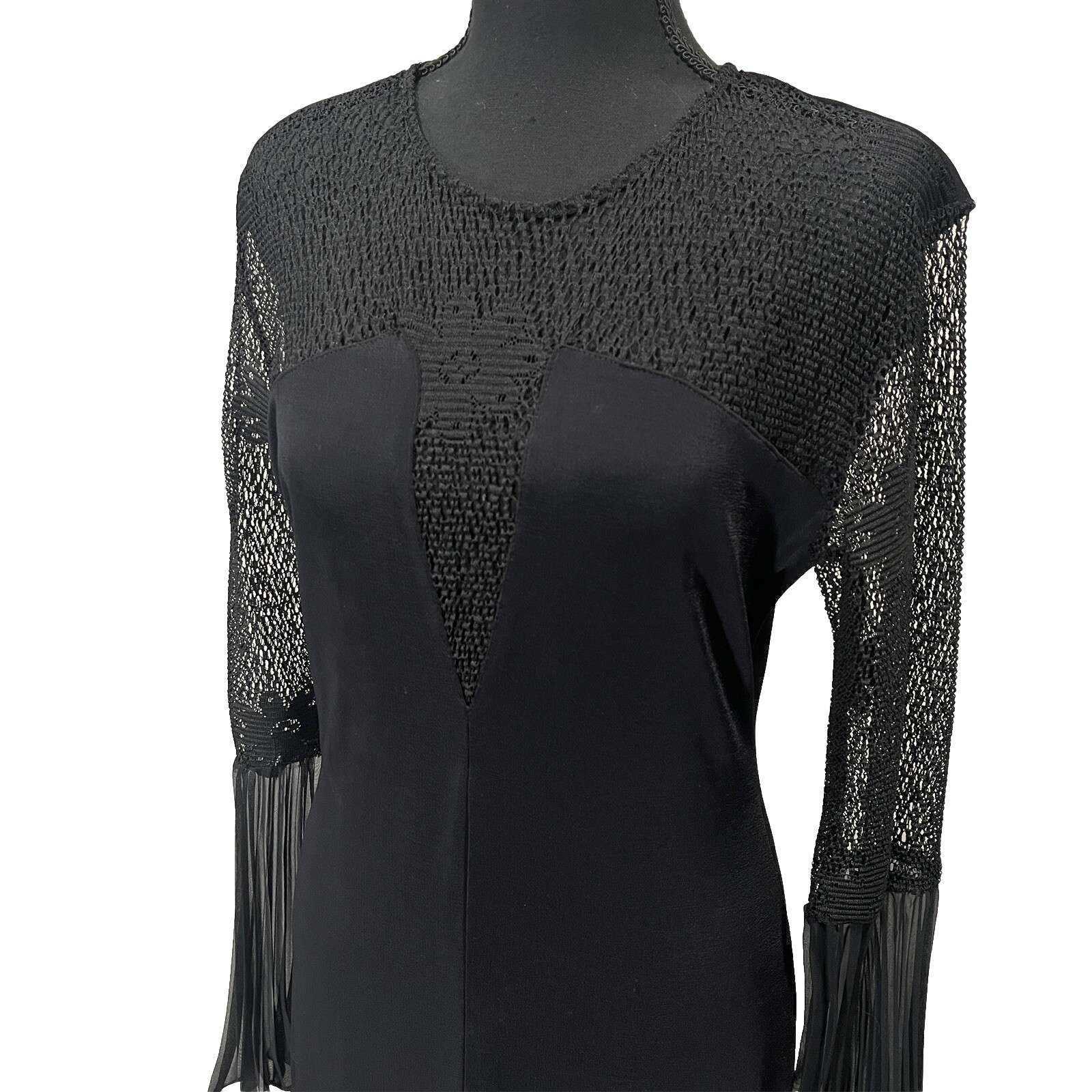 American Vintage Black Dress Mesh Lace Sheer Pleated Bell Sleeves Front Slit S/M