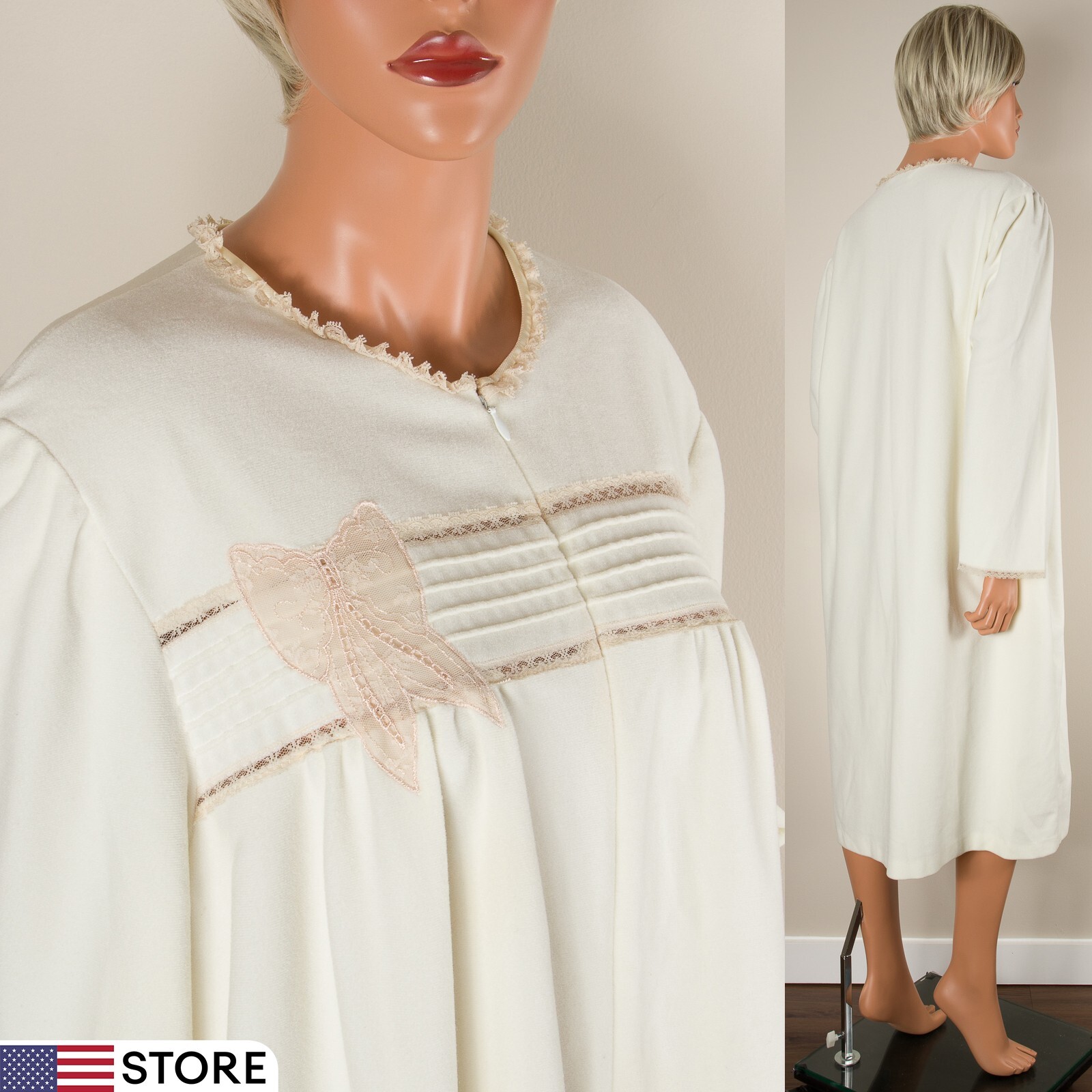 💖 VANITY FAIR Vintage Ivory Robe Lounge Coat Fleece Long Sleeve Half Zip 2XL