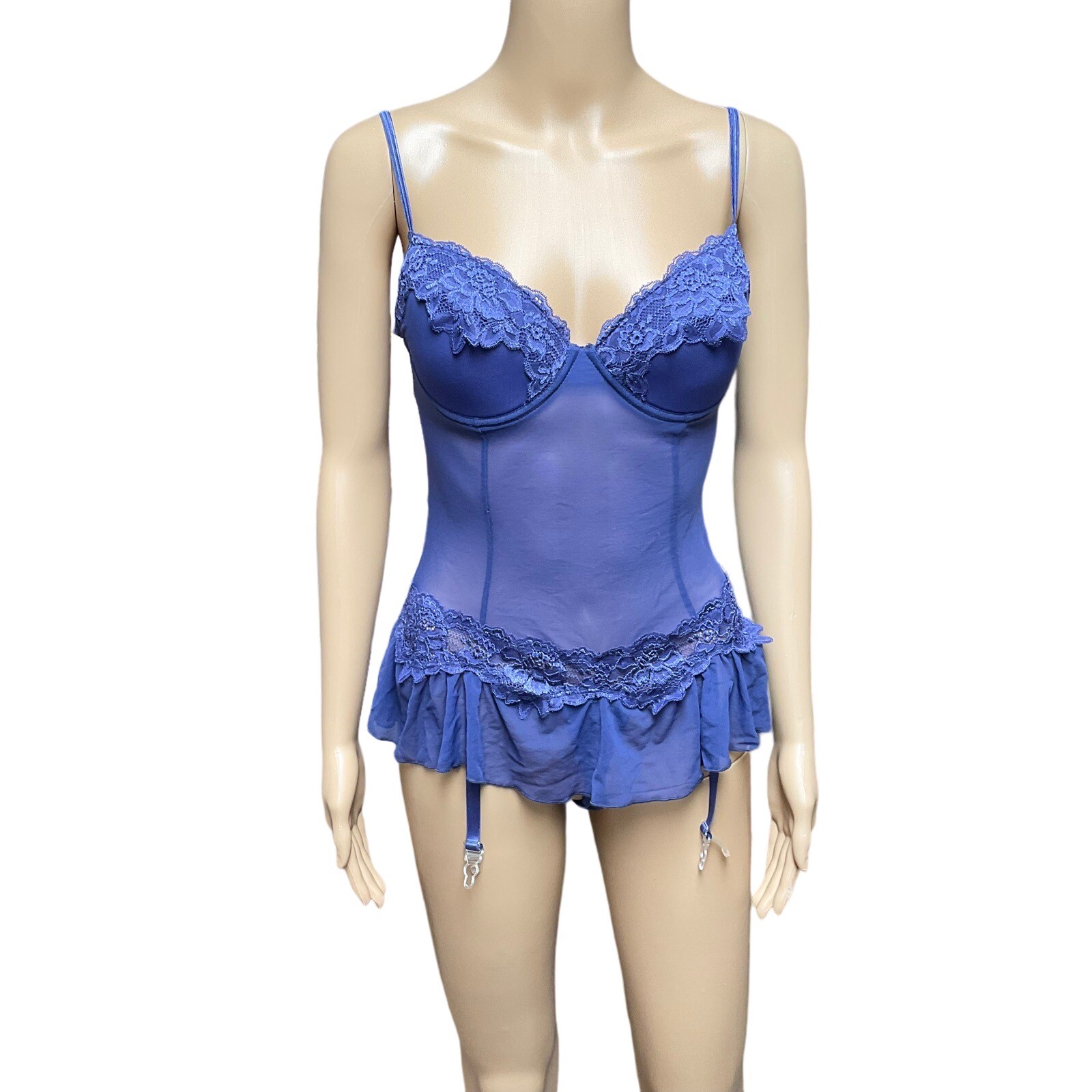 Vintage Escante Garter Teddy Lingerie Purple Sheer Stretch Lace Size L FLAW