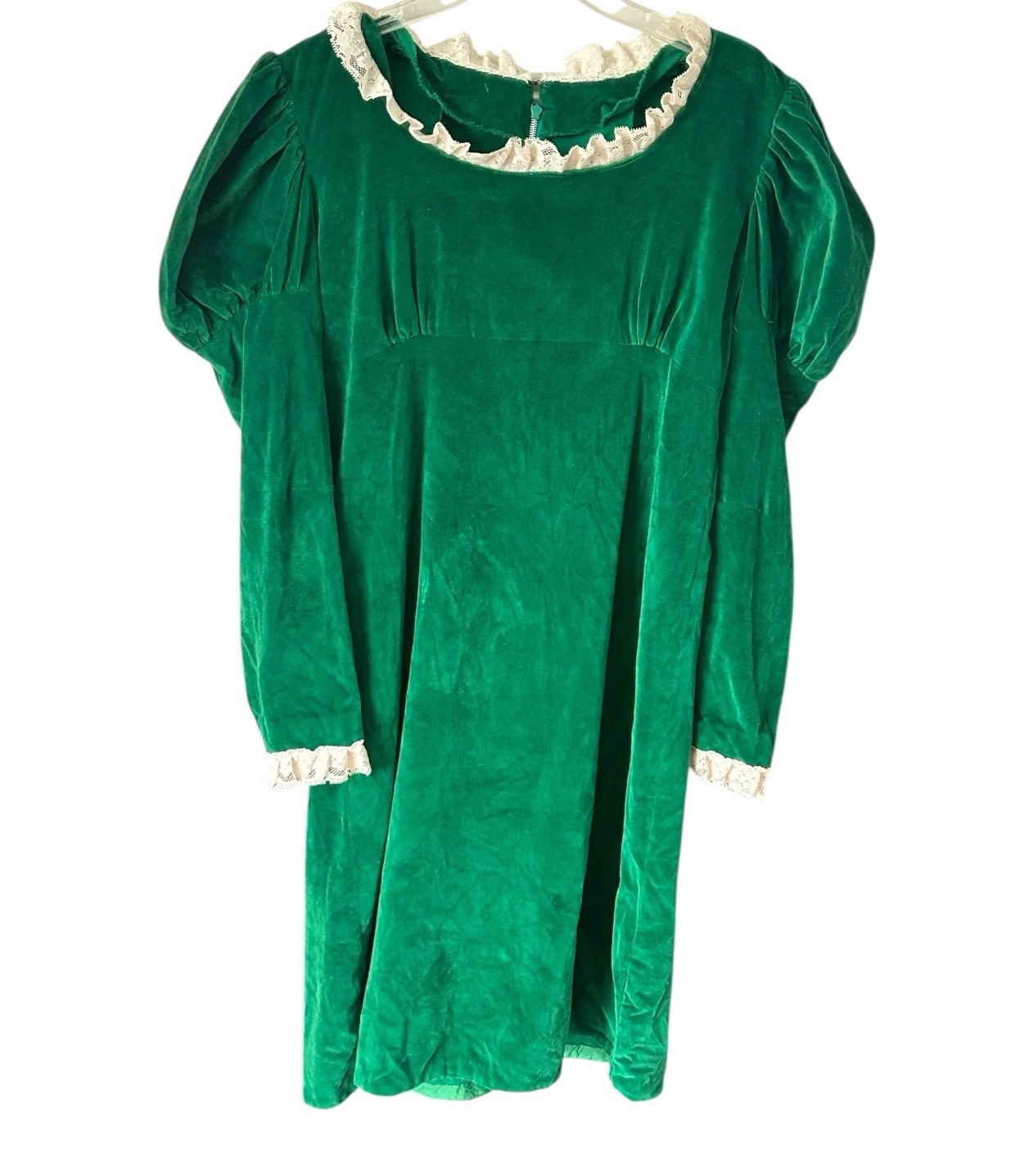 VTG Women’s Ugly Christmas Dress Handmade Green Velvet Lace Collar Leg O’Mutton