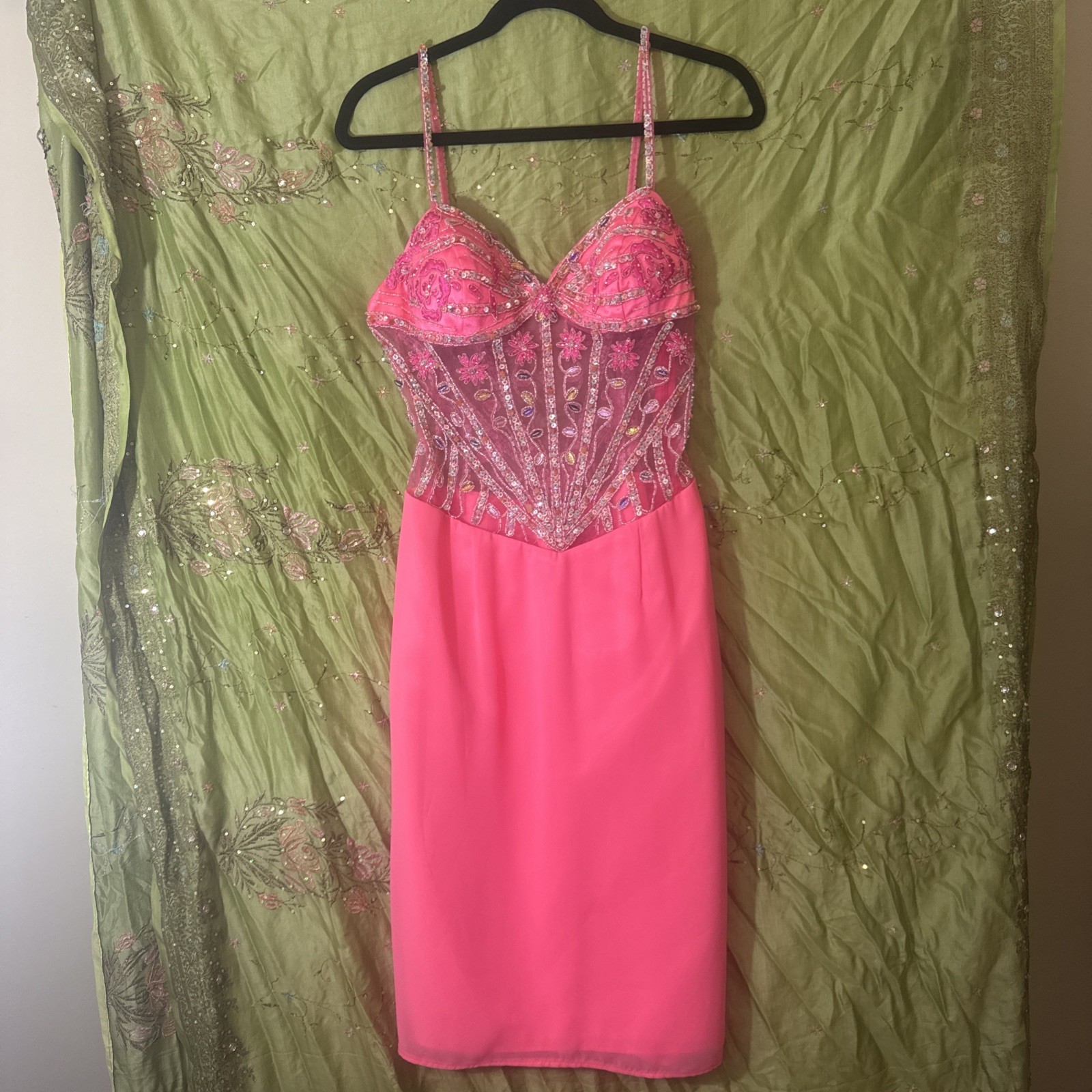 Vintage Y2K Formal Dress Pink Gown Beaded Floral Sequins By XCite Women’s 12